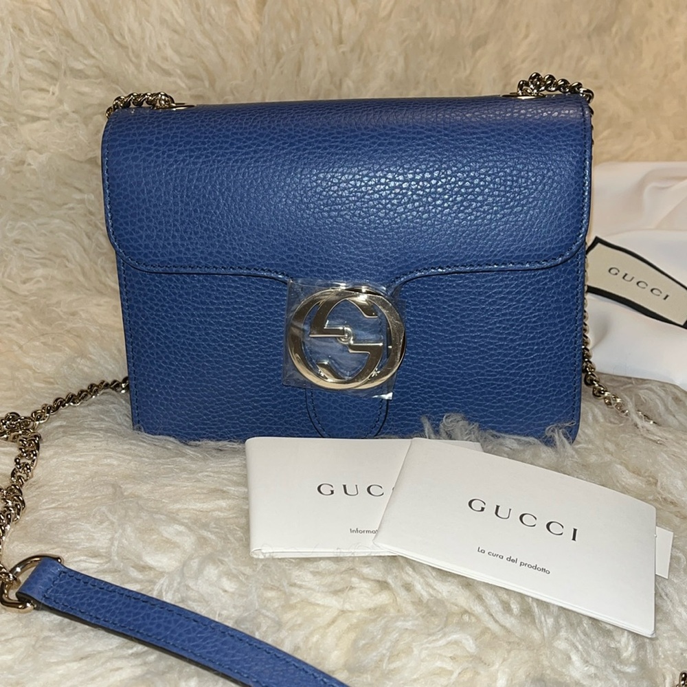 Gucci New Blue Leather Interlocking GG Marmont Small Crossbody Purse *Authentic